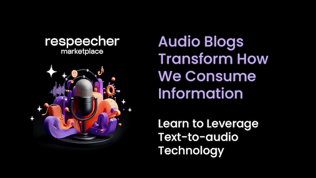 A stylish, vintage microphone surrounded by vibrant, abstract sound waves, with the text "Audio Blogs Transform How We Consume Information: Learn to Leverage Text-to-Audio Technology" in bold purple lettering.
