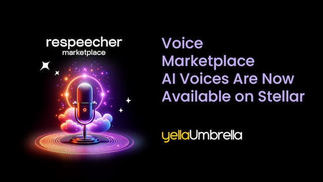 The image displays a radiant, futuristic microphone encircled by an aura of light against a backdrop suggestive of outer space, with the text "Voice Marketplace AI Voices Are Now Available on Stellar" adjacent to the Respeecher and yellaUmbrella logos.