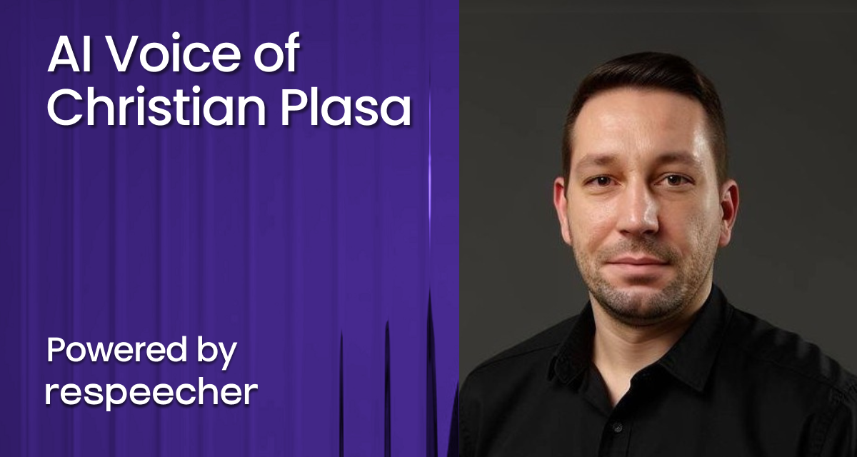 Split-screen image featuring Christian Plasa on the right against a dark gray background, and Respeecher’s signature purple brand visuals on the left with the text 