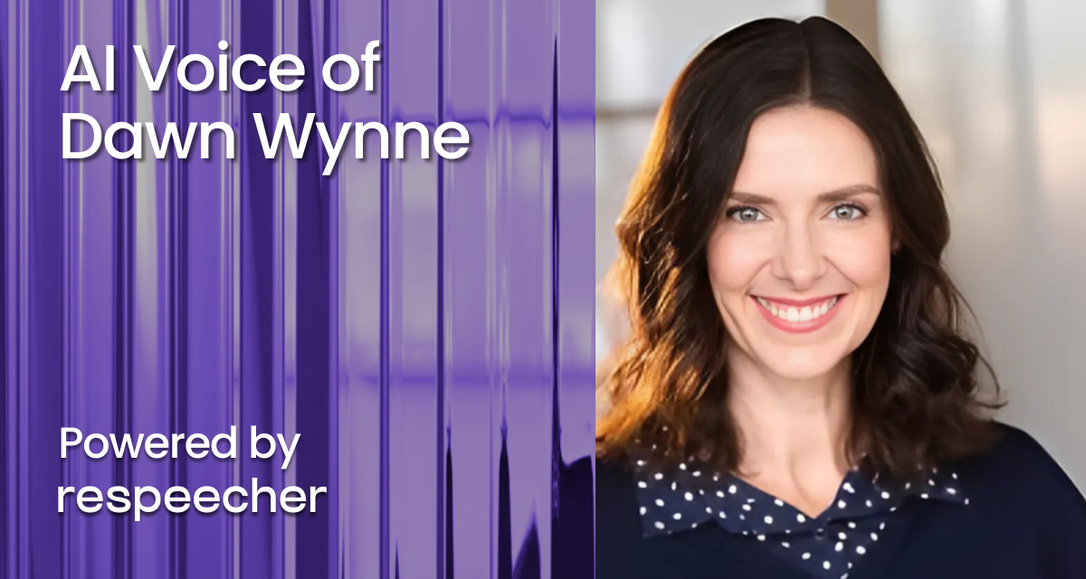 Webpage OG image for the 'AI Voice of Dawn Wynne' page on Respeecher's website. The image features a smiling woman with shoulder-length dark brown hair, wearing a navy blue blouse with white polka dots. The left side of the image has a purple-tinted abstract pattern with vertical lines, overlaid with white text reading 'AI Voice of Dawn Wynne' and 'Powered by Respeecher.'