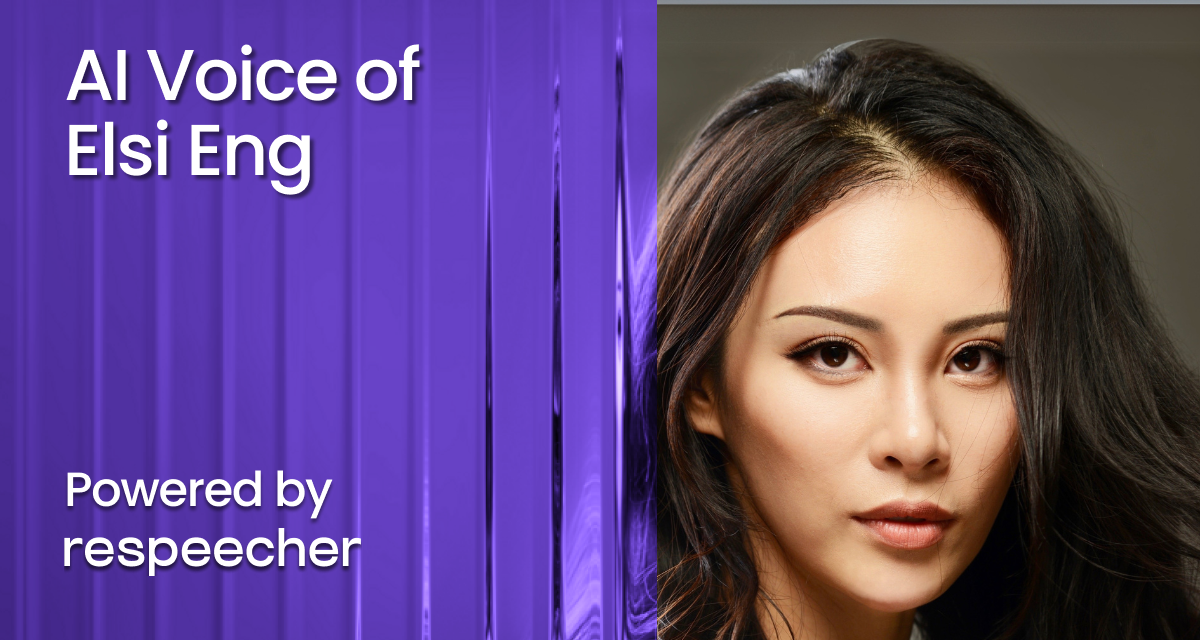 Portrait of Elsi Eng, a woman with long dark hair and a confident expression, featured against a split background with a purple vertical waveform pattern and plain backdrop, promoting the AI Voice of Elsi Eng powered by Respeecher’s advanced voice cloning technology.