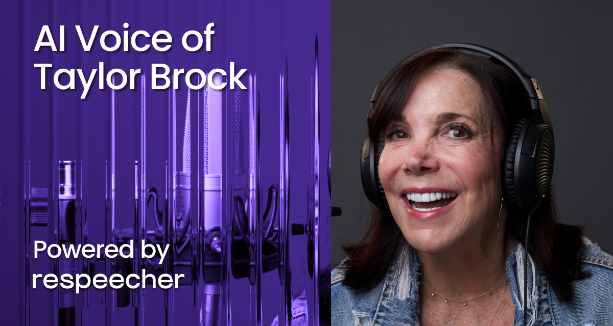 Webpage OG image for the 'AI Voice of Taylor Brock’ page on Respeecher's website. The image features a smiling woman sitting in a recording studio. The left side of the image has a purple-tinted abstract pattern with vertical lines, overlaid with white text reading 'AI Voice of Taylor Brock' and 'Powered by Respeecher.'