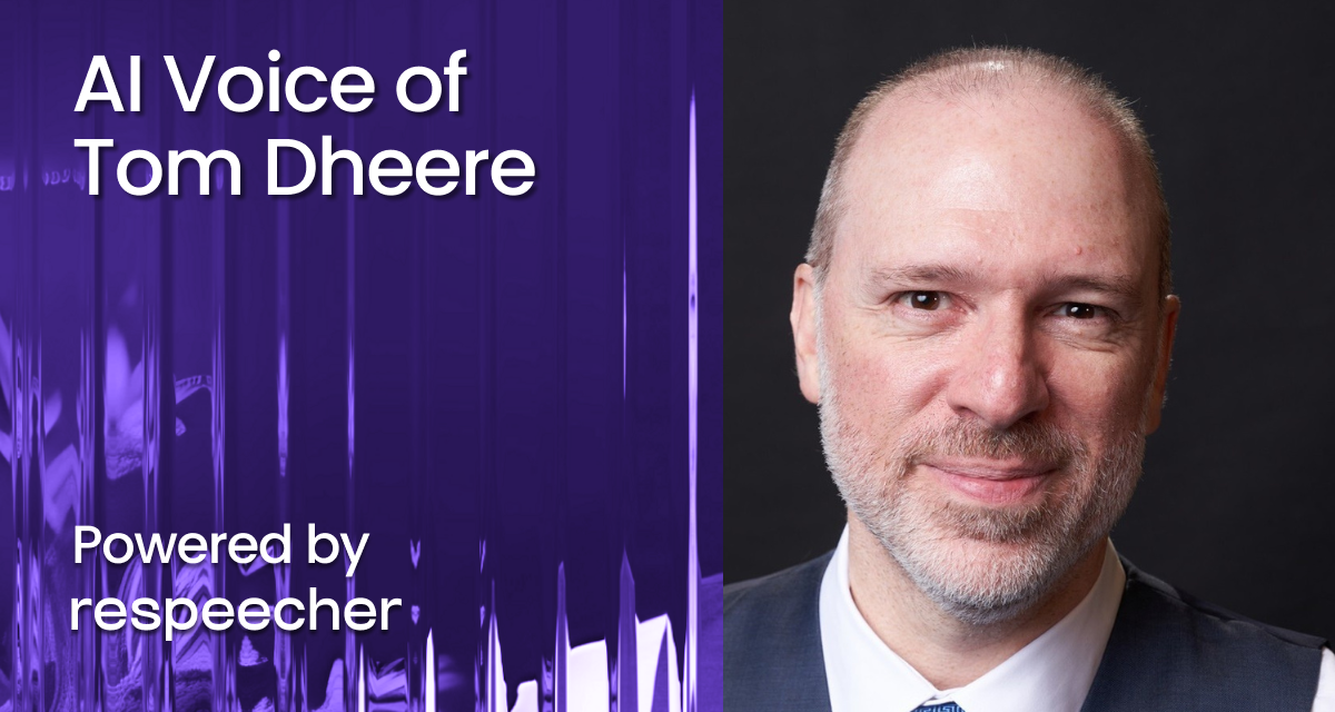 Split-screen promotional image showing voice actor Tom Dheere on the right and a purple background with vertical light streaks on the left, featuring the text 