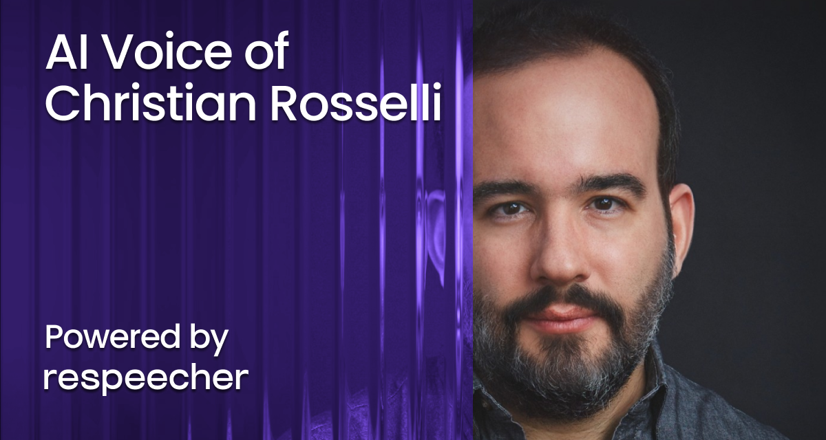 Webpage OG image for 'AI Voice of Christian Rosselli' by Respeecher. The image features a professional portrait of a man with a trimmed beard and confident expression against a dark background. The left side displays a purple-tinted abstract glass pattern with white text reading 'AI Voice of Christian Rosselli' and 'Powered by Respeecher.'