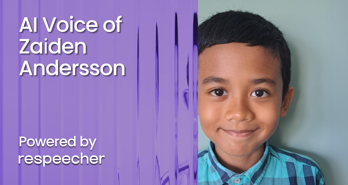 Webpage OG image for the 'AI Voice of Zaіden Andersson' page on Respeecher's website. The image features a smiling young boy with short black hair, wearing a blue and turquoise plaid shirt, standing against a light green background. The left side of the image has a purple-tinted abstract pattern with vertical lines, overlaid with white text reading 'AI Voice of Zaіden Andersson' and 'Powered by Respeecher.'