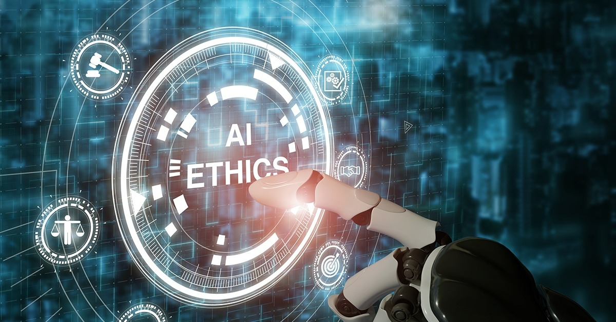 Robotic arm interacting with a holographic 'AI Ethics' display, reflecting Respeecher's focus on ethical standards in voice AI and deepfake technology