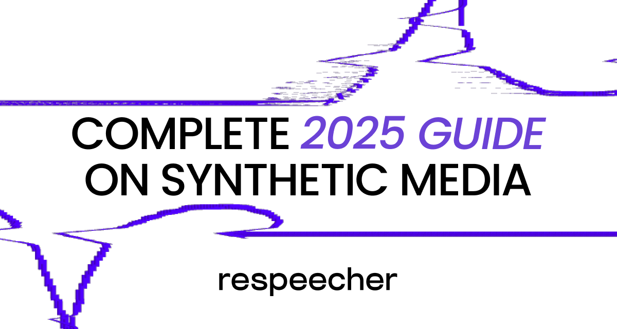 Website page cover image with the text 'COMPLETE 2025 GUIDE ON SYNTHETIC MEDIA' in the center, with '2025 GUIDE' in purple. The Respeecher logo is at the bottom. The background features abstract purple lines on a white backdrop, creating a modern and minimalistic design.