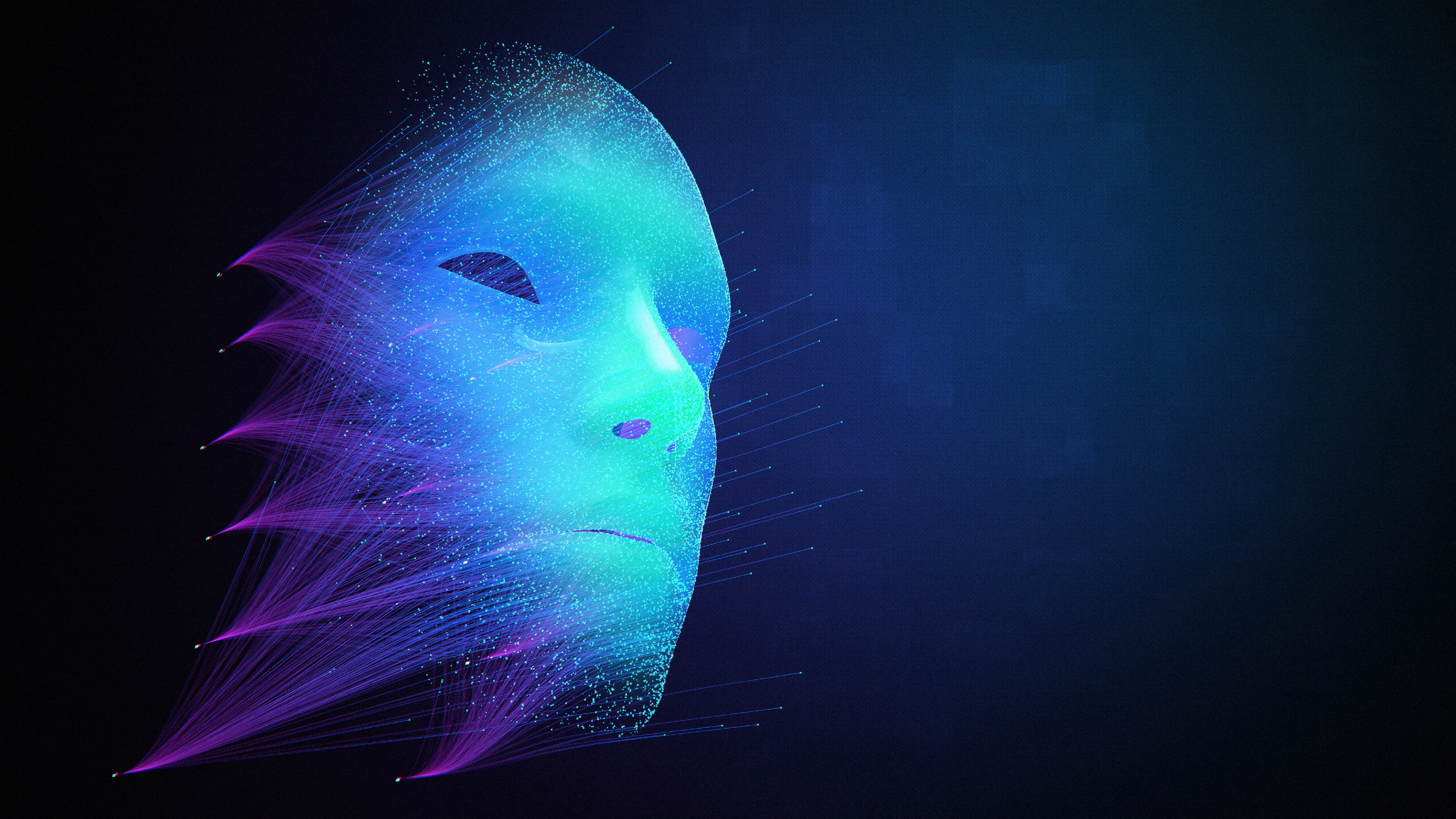 A digital mask composed of dynamic, colorful particles, visually representing the complexities of deepfake and ethical synthetic voice technology.