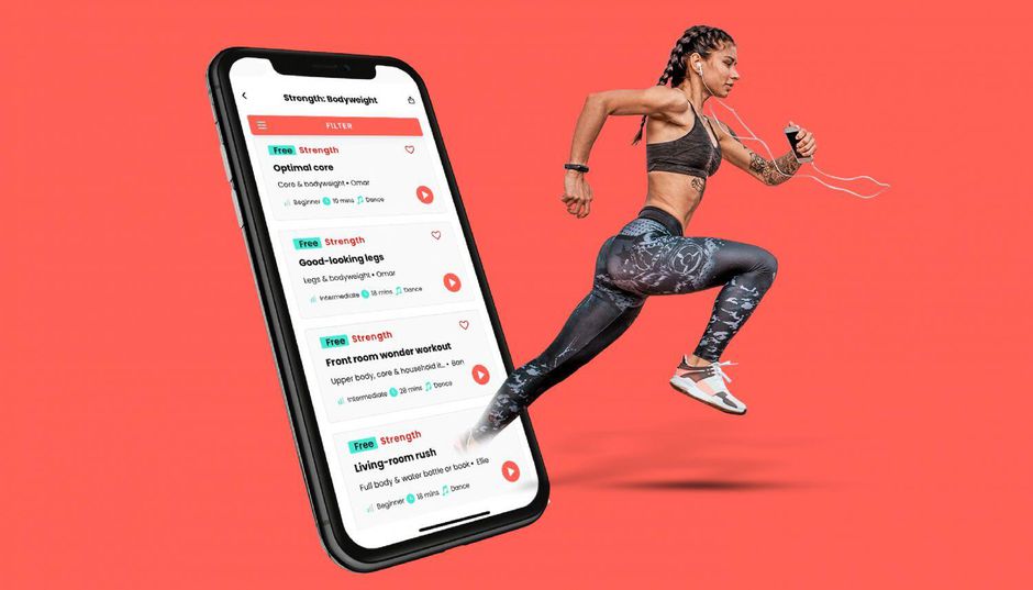 A fit woman running out from a smartphone screen displaying a fitness app, representing the integration of voice cloning software in scaling online fitness platforms