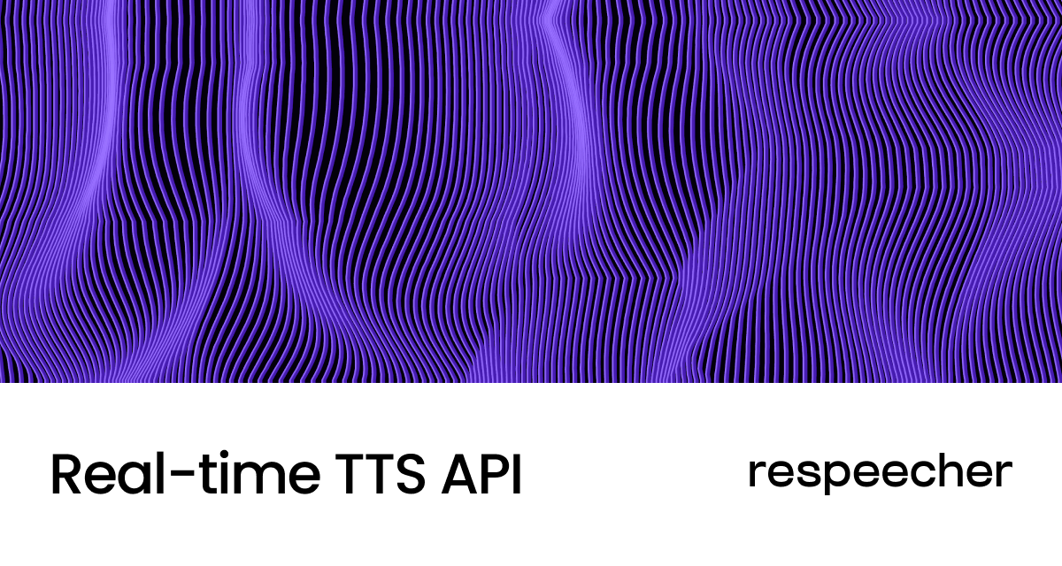 Webpage OG image for the 'Real-time TTS API' page on Respeecher's website. The image features a futuristic purple wave pattern with thin, undulating lines on a dark background. Below the pattern, the text 'Real-time TTS API' appears in black on a white section, alongside the 'Respeecher' logo.