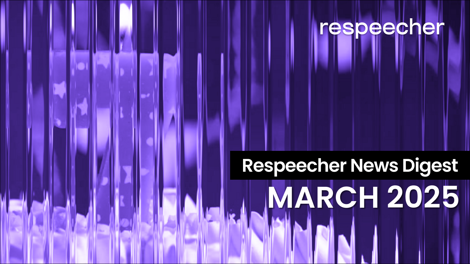 A visually striking abstract design with vertical light distortions in deep purple tones, reflecting an innovative and futuristic aesthetic. Perfect for highlighting Respeecher's latest news and updates from March 2025.