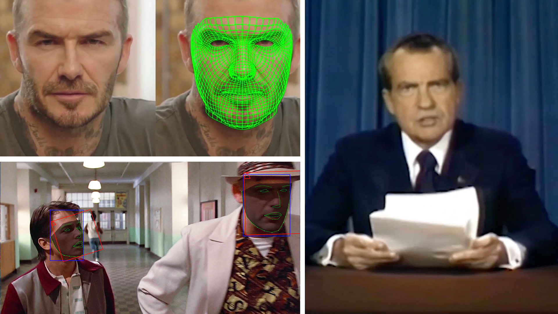 Collage of deepfake technology examples showing facial mapping on David Beckham and a scene character, with Richard Nixon speaking in 