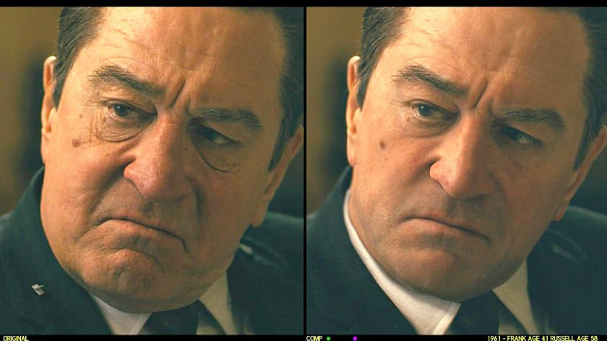 Side-by-side comparison of an original and de-aged portrayal of Robert De Niro in a film scene, showcasing the effects of de-aging technology in Hollywood