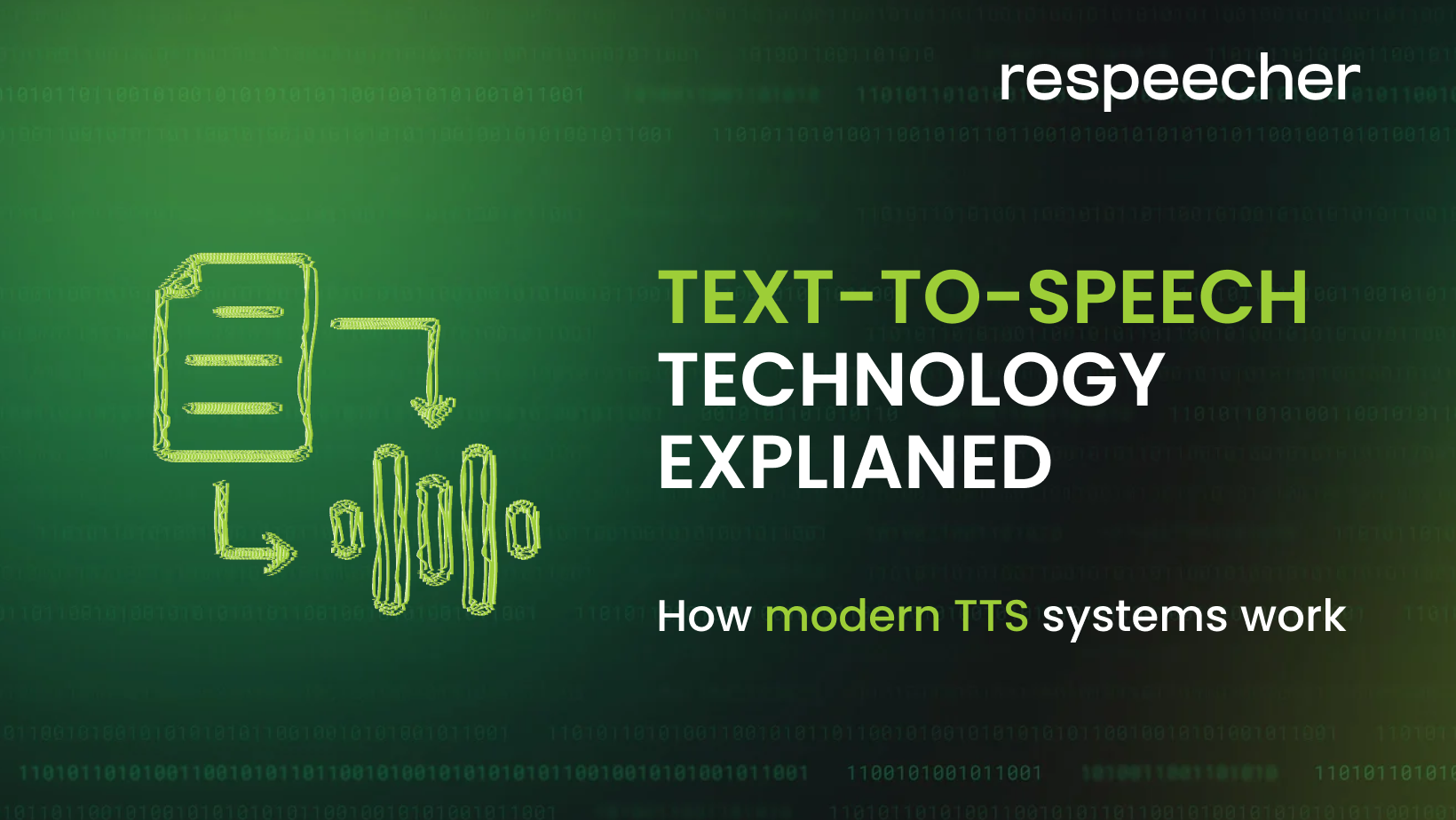 Green-themed graphic with binary code background, featuring a sketched icon of a document converting to audio waves, alongside the text “Text-to-Speech Technology Explained – How modern TTS systems work,” and the Respeecher logo in the top right, illustrating AI-driven text-to-speech technology.