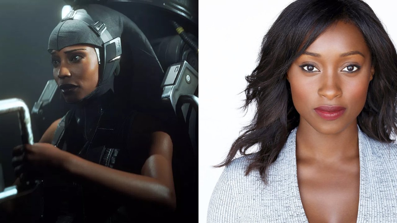 Side-by-side images of a video game character in a pilot suit and the voice actor, illustrating the application of voice cloning in video games