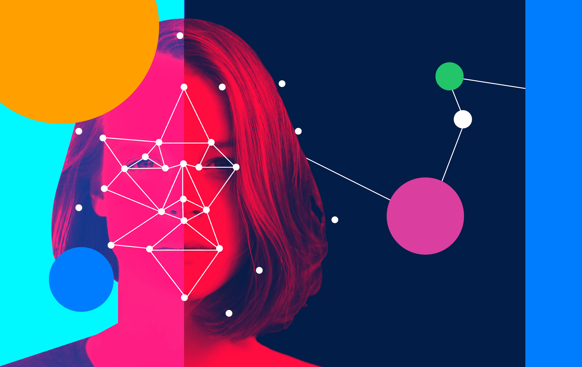 Artistic representation of a female profile with facial recognition mapping overlay, symbolizing deepfake and synthetic media technology